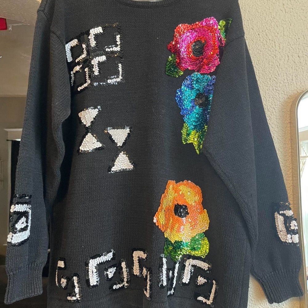Vintage 80s Marnie West Floral Embellished Black Sweater